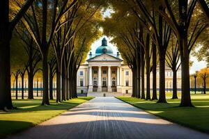 a pathway lined with trees and a building. AI-Generated photo