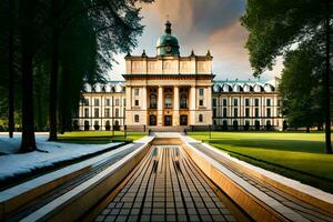 a large building with a fountain in front of it. AI-Generated photo