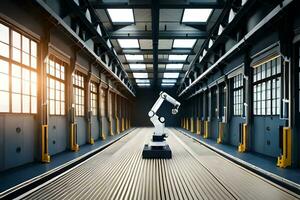 a robot is standing in a warehouse with a large door. AI-Generated photo