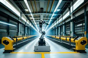 a robot is standing in a factory with a yellow light. AI-Generated photo