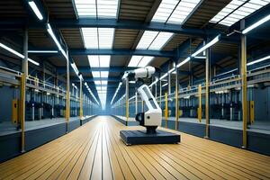 a robot is standing in a large warehouse. AI-Generated photo