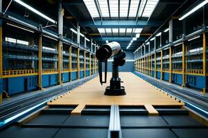 a robot is sitting on a conveyor belt in a warehouse. AI-Generated photo