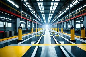 a long empty warehouse with yellow poles and rail tracks. AI-Generated photo