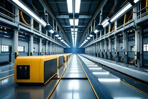 a long line of yellow and black robots in a factory. AI-Generated photo