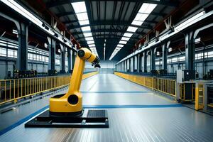 a yellow robot is sitting in a factory. AI-Generated photo