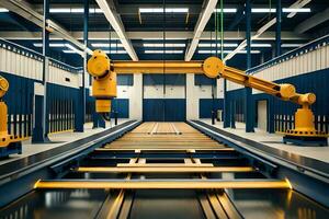 a large industrial warehouse with two robotic arms. AI-Generated photo