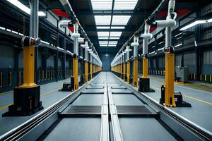 a long conveyor belt in a factory. AI-Generated photo