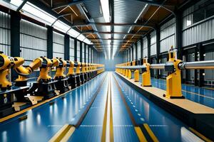 un largo línea de industrial robots en un fábrica. generado por ai foto