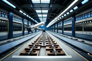 a robot is standing in a factory with a conveyor belt. AI-Generated photo