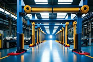 a large industrial warehouse with yellow and blue lights. AI-Generated photo