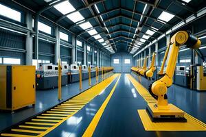 a large industrial warehouse with yellow robots. AI-Generated photo