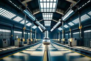 industrial robots in a factory with a large conveyor belt. AI-Generated photo