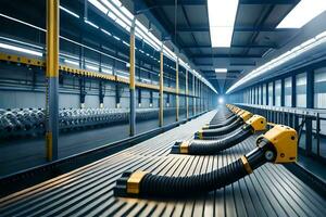 a long line of yellow and black robots in a factory. AI-Generated photo