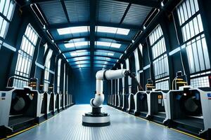a robot is standing in a large warehouse with many machines. AI-Generated photo