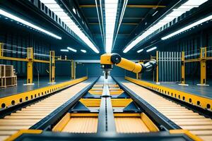 a robotic arm is moving along a conveyor belt. AI-Generated photo