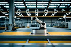 a robotic arm is sitting on a conveyor belt in a factory. AI-Generated photo