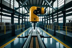 un grande industrial robot es en un fábrica. generado por ai foto