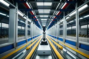 a long conveyor belt moving through a warehouse. AI-Generated photo