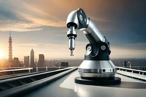 a robotic arm is on top of a building with a city in the background. AI-Generated photo