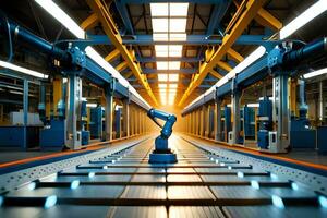 a robot is standing in the middle of a factory. AI-Generated photo