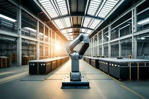 a robot in a warehouse with a large storage area. AI-Generated photo