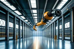a robot is standing in the middle of a large warehouse. AI-Generated photo
