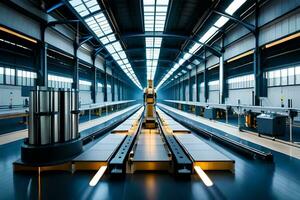 a long, empty factory with a conveyor belt. AI-Generated photo
