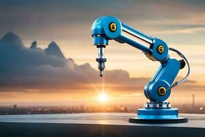 a robotic arm is standing on a table with a city in the background. AI-Generated photo