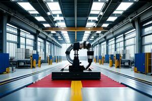 un robot es sentado en un fábrica con un transportador cinturón. generado por ai foto