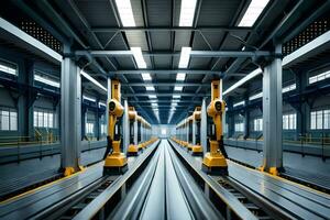 robots moving along a conveyor belt in a factory. AI-Generated photo