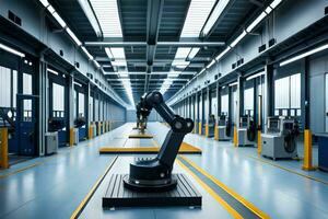 industrial robot in a factory with blue lights. AI-Generated photo