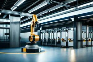 a robot in a large warehouse with a lot of machines. AI-Generated photo