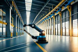 a robot is standing in a large warehouse. AI-Generated photo