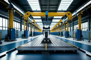 a large industrial robot is standing in a factory. AI-Generated photo