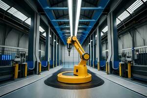 a large yellow robot is in a factory. AI-Generated photo