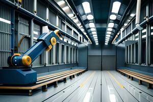 a robot is standing in a large warehouse. AI-Generated photo
