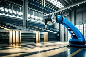 a robotic arm is standing in front of a large warehouse. AI-Generated photo