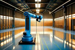 a robot in a large warehouse with a blue floor. AI-Generated photo