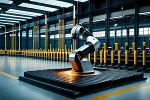 a robot is standing in a factory with a large machine. AI-Generated photo