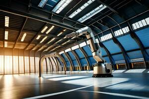 a robot in a large warehouse with sunlight coming through the windows. AI-Generated photo