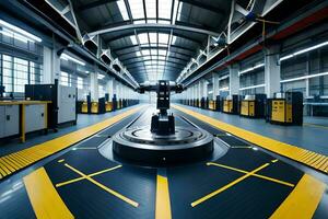 a robot is sitting in a factory with yellow lines. AI-Generated photo