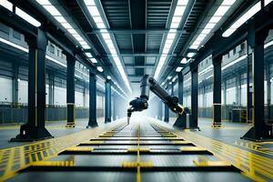 a robot is walking on a conveyor belt in a factory. AI-Generated photo
