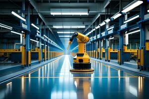 a robot is standing in a factory with blue lights. AI-Generated photo