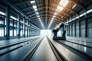 a robot is standing in a large warehouse. AI-Generated photo