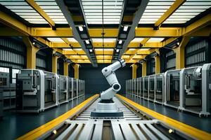 a robot is standing in a factory with a conveyor belt. AI-Generated photo