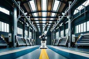 a robot is standing in a factory with a large room. AI-Generated photo