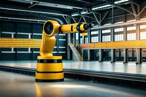 un amarillo industrial robot es en pie en un depósito. generado por ai foto