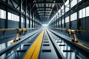 robots in a factory with yellow lines. AI-Generated photo