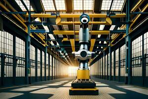 industrial robot in a factory with a sun shining through the windows. AI-Generated photo