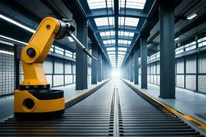 a robot is standing in a warehouse with a light coming from the ceiling. AI-Generated photo